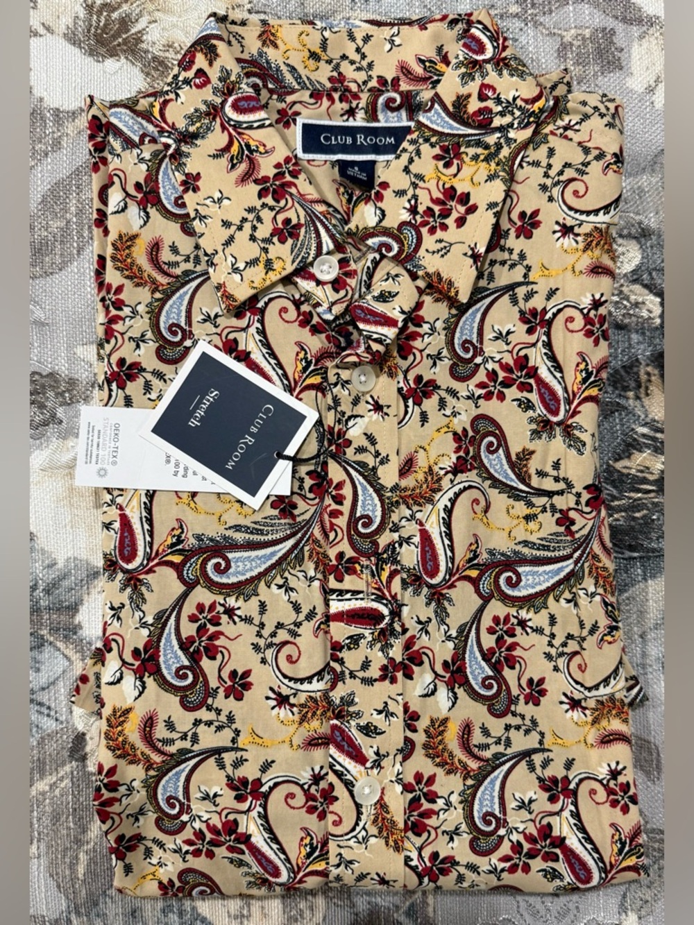 Club Room Beige Paisley Button-Down Shirt with Red and Blue Accents